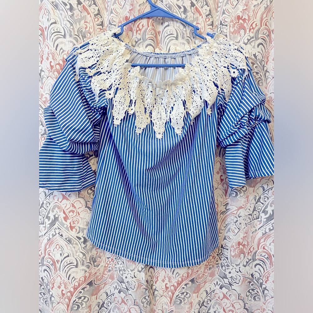 Blue and white off the shoulder blouse